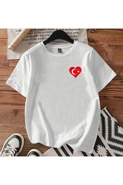SUNFREE Heart Turkish Flag Printed Oversize Basic Short Sleeve Unisex Tshirt