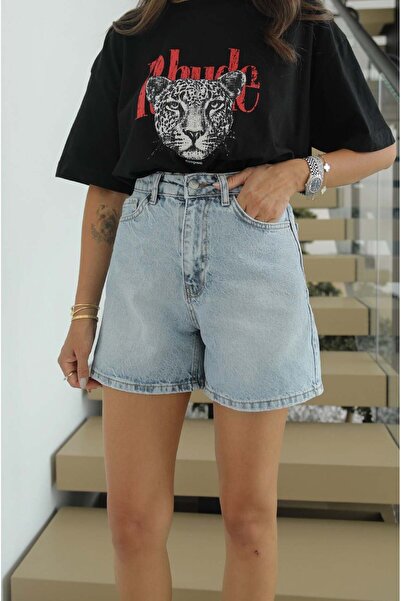 Havoş Light Blue High Waist Denim Shorts