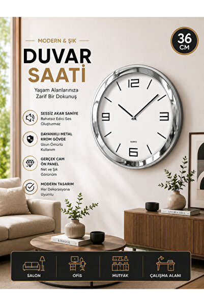 KOLAYEV Modern Metal Krom Duvar Saati 36 Cm Sessiz Akar Saniye Gerçek Cam Dek...