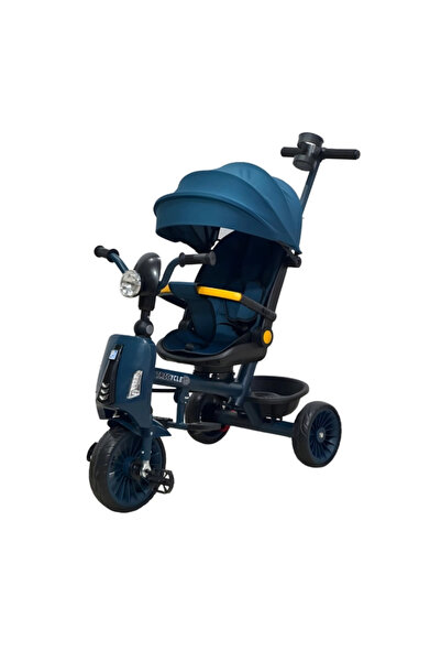 LUDIRO Tricicletă cu Maner Parental 5-în-1 - Albastru, Far LED și Muzică Inte...