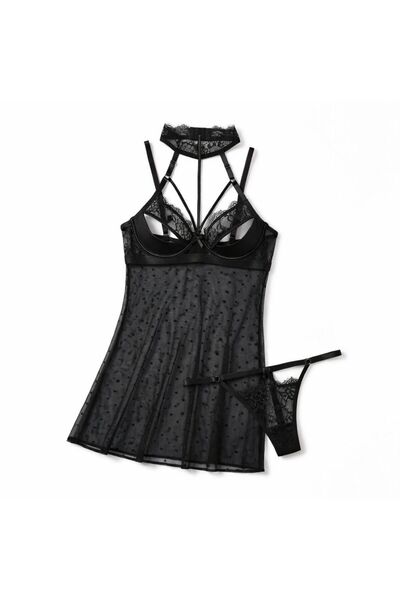 VELVIA Chiffon Lingerie with Dots and Lace Details