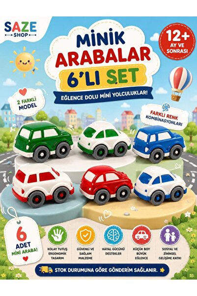 SAZE 6’lı Mini Araba Seti 12+ Ay Eğitici Oyuncak Araç Seti 2 Farklı Model Ren...