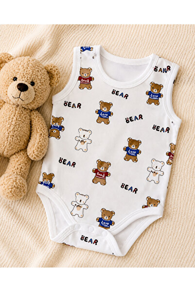 LUMY KIDS Bear Patterned Athlete Bodysuit with Teddy Bear, 100% Cotton
