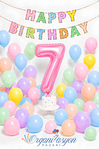 Organizasyon Pazarı 7Th Birthday Concept Macaron Colors Pink Number Foil Ball...
