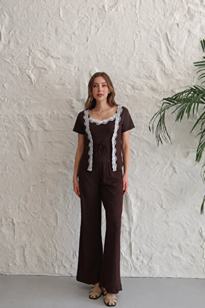 URİS Women's Brown Lace Detailed Short Sleeve Blouse Lined Trousers Loose Dou...