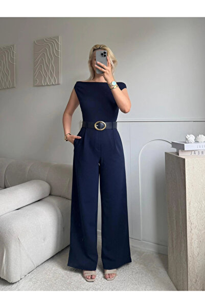 Zora Butik Kayık Yaka Kemerli Tulum - LACİVERT