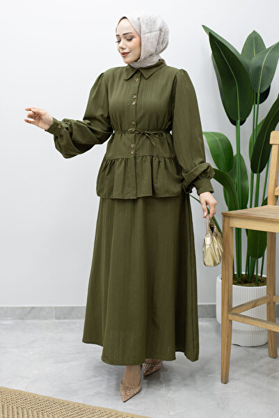 Tesettür Dünyası Ruffle Detailed Waist Drawstring Skirt Suit Tsd260220 Khaki