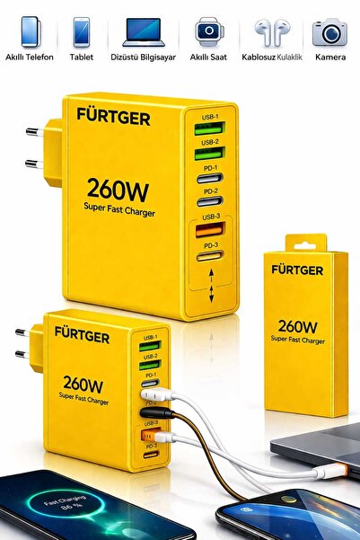 Fürtger German 260W 3 Type-C + 3 Usb-A Toplam 6 Çıkışlı Süper Hızlı Şarj Aleti