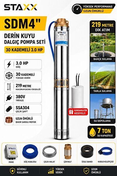 STAXX POWER Derin Kuyu Dalgıç Pompa Kalem Dalgıç Seti Trifaze 380V Tak Çalışt...