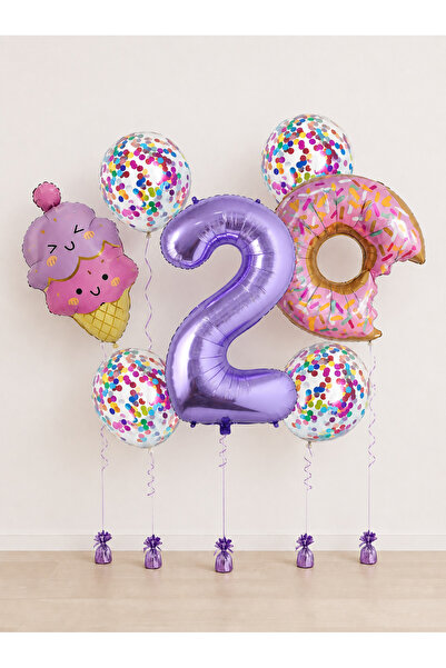 Balonsan Pink Purple Ice Cream Donut Themed -2- Number Balloon Set for Ages