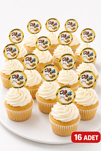 Baloncu Nene İnşaat Temalı Kürdan Süs 16 Adet Kepçe Dozer Kamyon Cupcake Kek ...