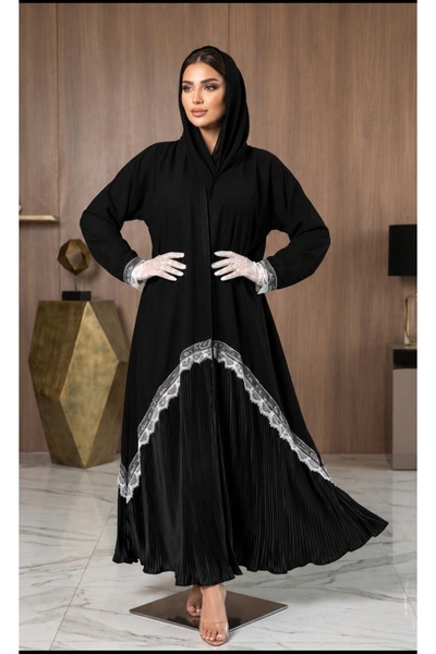 NOUR Black Abaya Klooash with Luxurious Pleats and Two Layers of Lace Klooash...