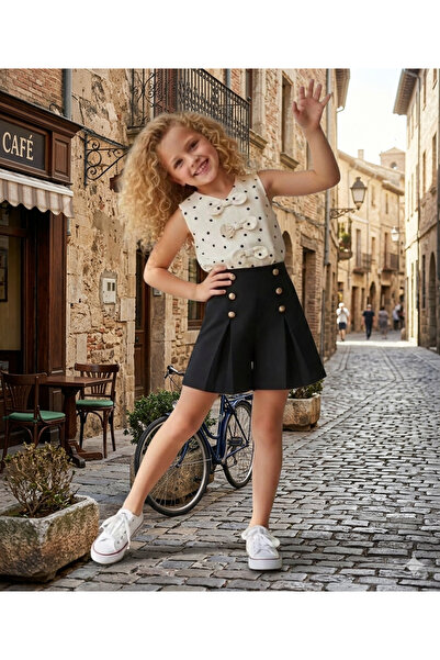 Bambam Polka Dot Bow Tie Pleated Blouse and Button-Detail Shorts Summer Girls...
