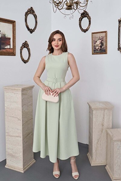 Elbee Fashion Woman Mint Halter Neck Flared Dress