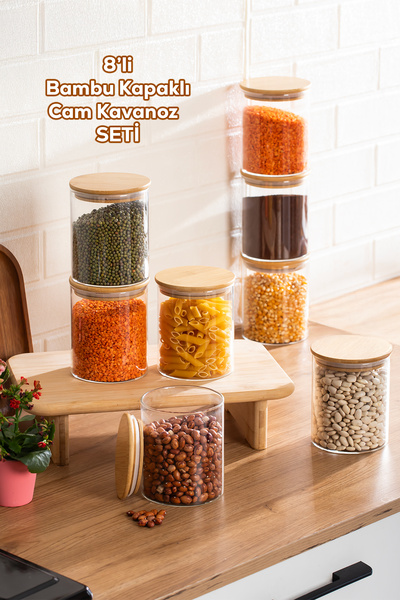 Porsima 1-4 Bamboo Vacuum Lids Round Borosilicate Glass 8-Piece Jar Set Stora...