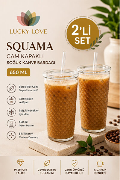 Lucky Love Squama Cam Kapaklı Borosilikat Soğuk Kahve Bardağı – 650 ml
