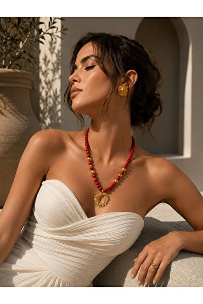 Solare Accessories Kırmızı Lav Taşı Kolye Altın Kaplama Detaylı Kadın Doğal T...