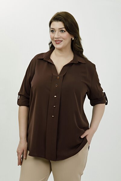 By Alba Collection Women's Brown Idubai Fabric Flowy Textured Plus Size Shirt