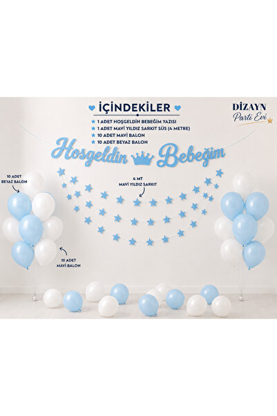 Dizayn Parti Evi DZYN Hoşgeldin Bebeğim Mavi Parti Seti 20 Balonlu 4 Metre Yı...