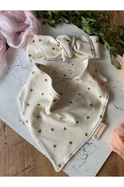 Miniko Butik 100% Cotton Cream Color Glittery Gold Heart Patterned Headband a...