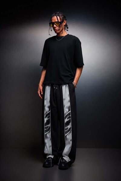 Slatra Men's Black Zen Printed Washed Effect Baggy Tracksuit