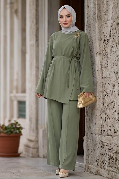 hafsamina Shoulder Buckle Detailed Modal Suit Green Hm2919
