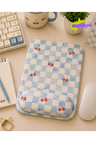 matizya Kiraz Desenli Kare Bilek Destekli Mousepad 18x23 cm Mavi Kareli Kawai...