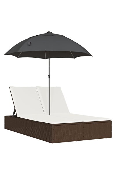 vidaxl Șezlong dublu cu perne/umbrelă de soare, maro, poliratan