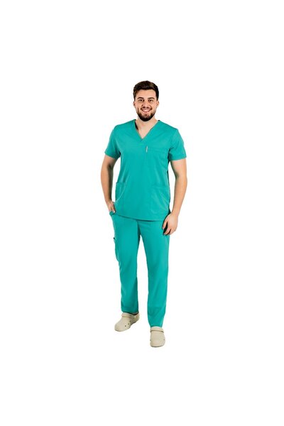 RUNI Turquoise green men's stretch medical suit with V-neck blouse and drawst...