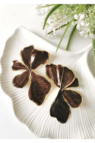 Halley Concept Brown enamel flower-shaped steel earrings, 4.5 x 7 cm