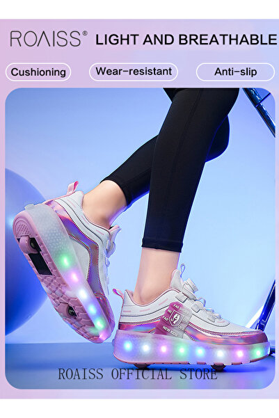 ROAISS Kids Unisex Double Wheel Roller Skates Shoes LED Light Multimode Adjus...