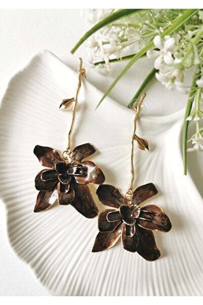 Halley Concept Brown Orchid Enamel Plated Steel Dangle Earrings 9.5X4 cm
