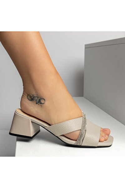 Modlet.ro Women's grey block-heeled casual slippers with rhinestones MOD14348