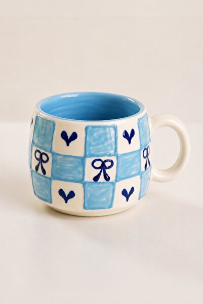 EvaniLife Square Ribbon Heart Bow Patterned Handmade Ceramic Mug – Blue Coffe...