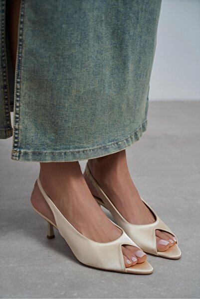NİŞANTAŞI SHOES Salva Butter Yellow Satin Pointed Toe Open Front Women's Heel...