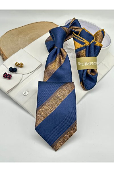 Gutiero Yellow Navy Blue Striped Classic Tie with Handkerchief