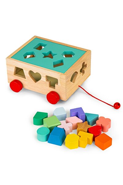 Ecotoys Cărucior de sortare din lemn cu cuburi - cub educativ pentru copii