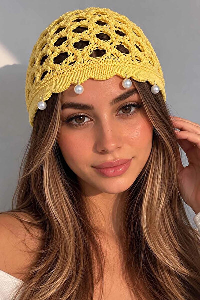 Kokoş Yellow Color Pearl Detailed Knitted Hair Bandana