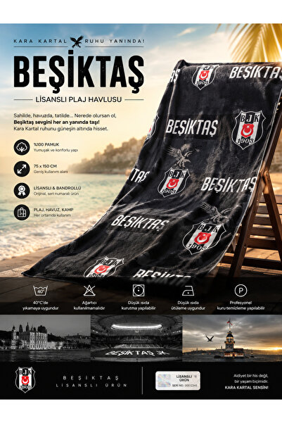 Beşiktaş Lisanslı Bandrollü (Seri Nolu) Karakartal Plaj Havlusu 75 x 150 cm %...