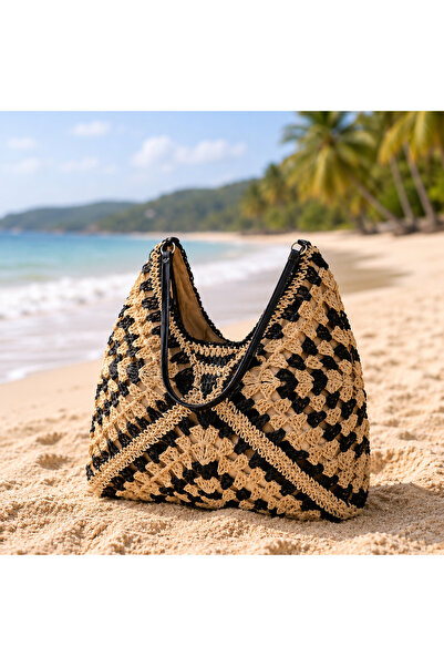 Clayre & Eef Summer Shopper Bag with Patterned – Natural/Black 38x40 cm