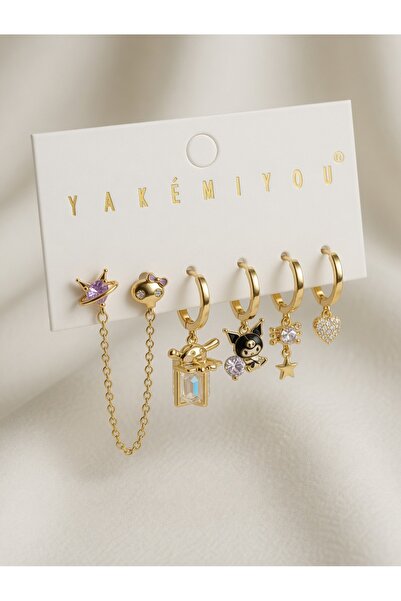 Yakemiyou Kuromi Figürlü 6lı Kombin Halka Küpe Seti Gold Renkli Mineli Küçük ...