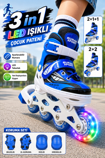 YILDIRIM OYUNCAK 3in1 LED Işıklı Full Koruma Setli Lüks Çocuk Pateni - Ayarla...
