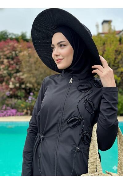 Moodbasic Taş İşlemeli Tesettür Mayo - Siyah