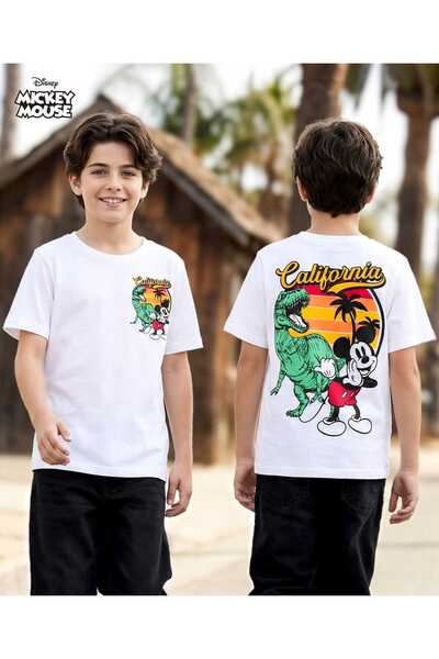 Pine Kids Disney تي شيرت من قماش الجيرسيه ذو أكمام نصفية مع رسومات ميكي ودينو...