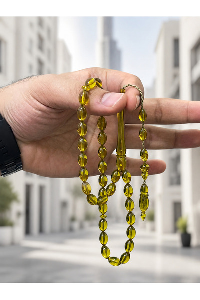 NAMAT مسبحة بيضاوية الشكل بلون الكهرمان البودرة، تحتوي على 33 حبة، تأتي مع حق...