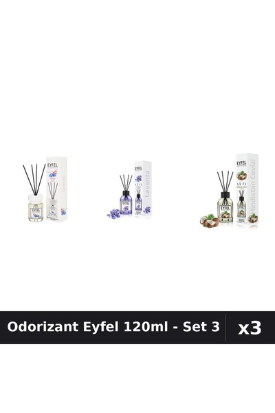 Eyfel Set 3 Odorizant Camera cu Betisoare 120ml - Lavanda, Orhidee, Nuca Cocos