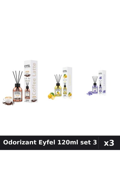 Eyfel Set 3 Odorizante Camera cu Betisoare 120ml - Cafea, Lamaie, Lavanda