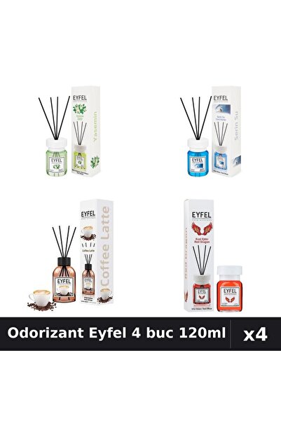 Eyfel Set 4 Odorizant Camera cu Betisoare 120ml - Iasomie, Cool Water, Cafea,...