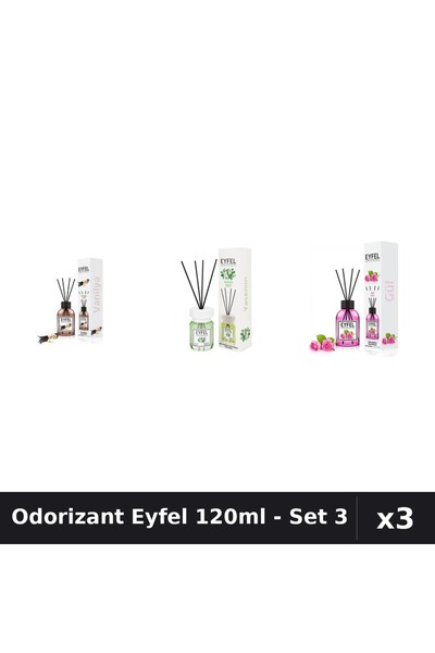 Eyfel Set 3 Odorizante Camera cu Betisoare 120ml - Vanilie, Iasomie, Trandafir