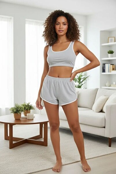 Generic Brand Gray Crop Athlete Top and Shorts Nightgown Set with Straps Flex...